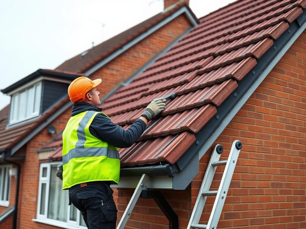 Roofer repairing concrete roof tiles on a brick house